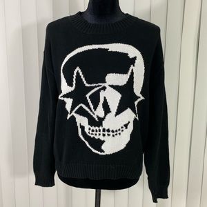 CHRLDR Skull Print 100% Cotton Crew Neck Knit Sweater Drop Sleeves Black Small